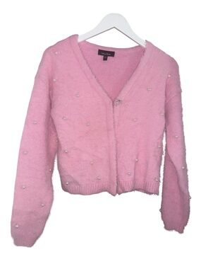 Lea & Viola Soft Pink Pearl-Embellished V-Neck Cardigan